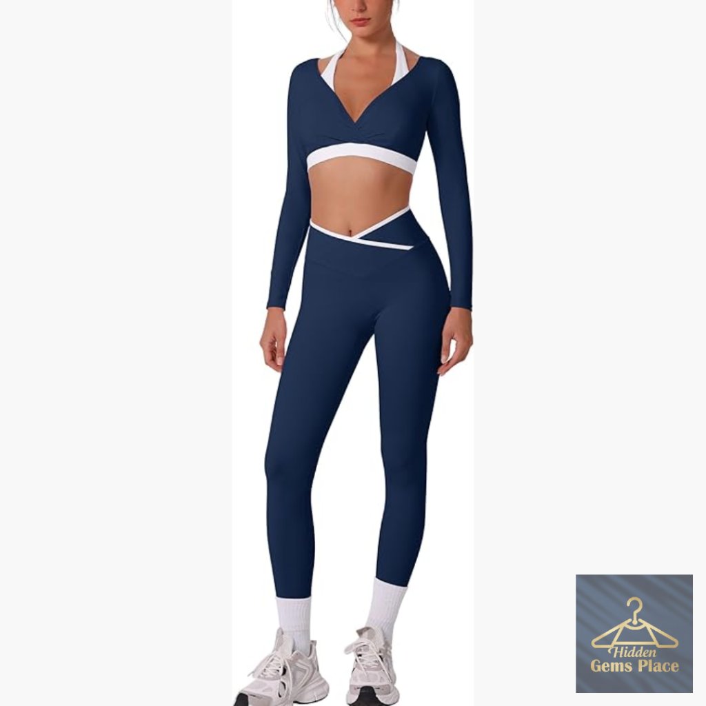 Long Sleeve Crop Top With Padded Bra & High Waist Leggings 2-Piece Workout Set